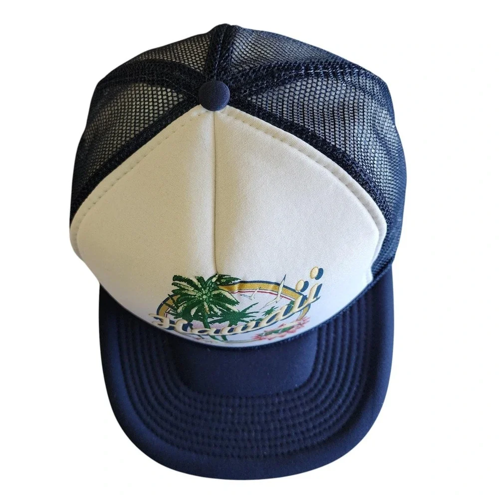Vintage Hawaii Trucker Snapback Hat 80s 90s Palm Tree Nissin Cap Navy Blue White